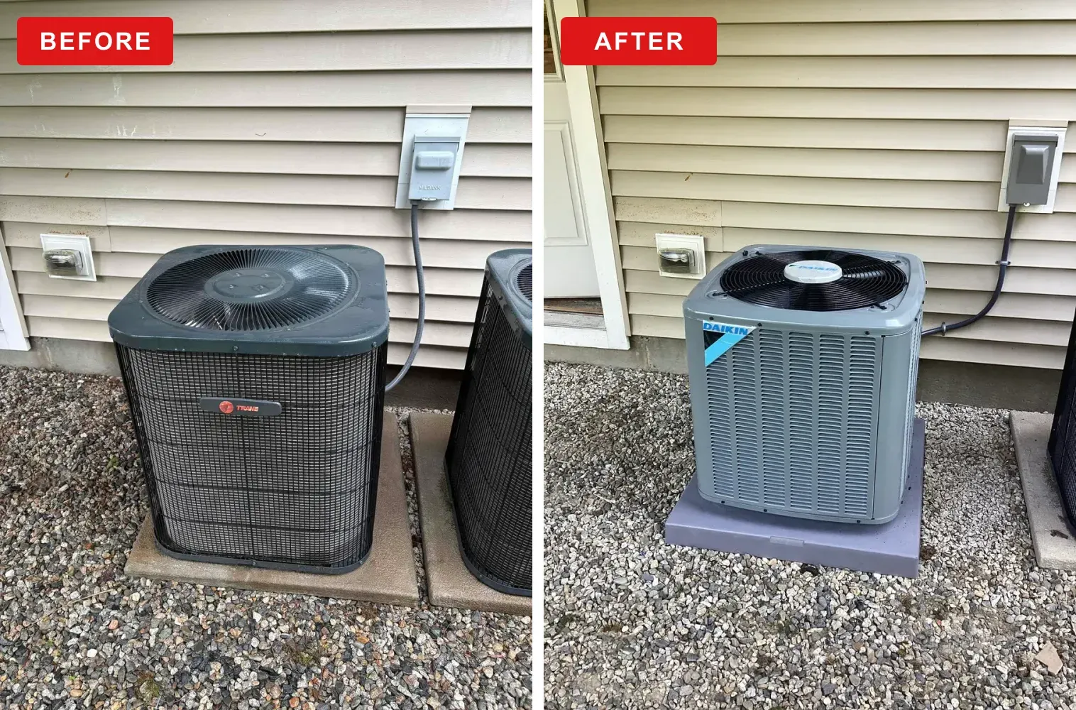 Before and after of an outdoor AC condenser replacement by G&C Plumbing and Heating