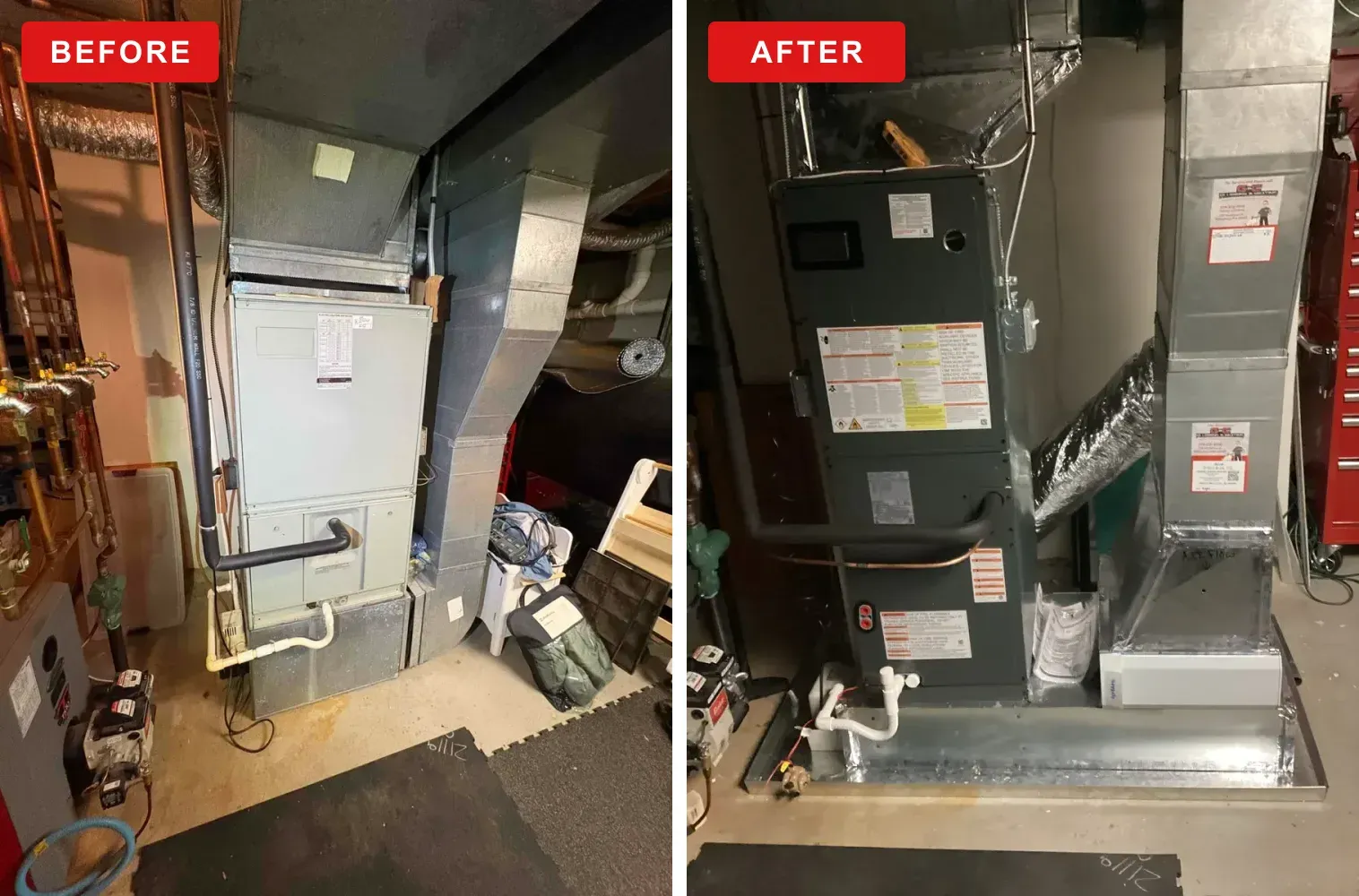 Before and after of an air handler replacement by G&C Plumbing and Heating