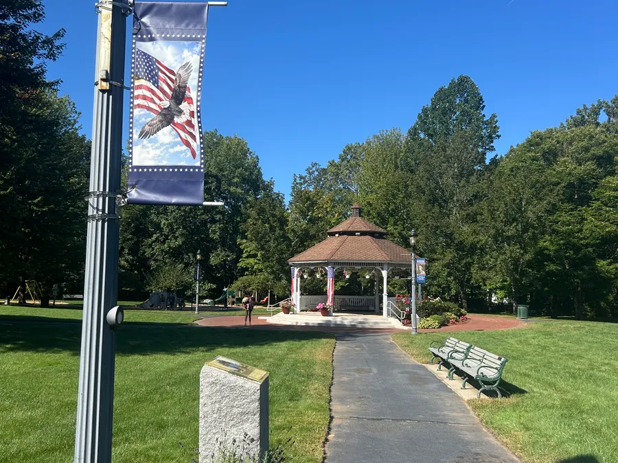 Walking path leading to the gazebo on the Bellingham Town Common in Bellingham, MA.