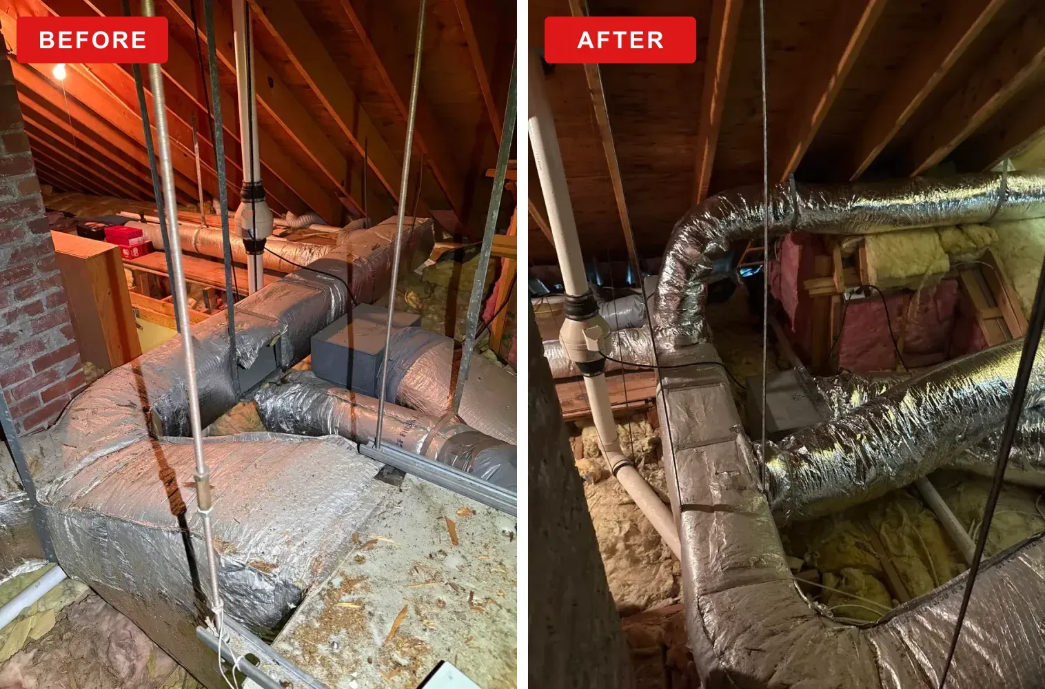 Before and after of attic ductwork replacement by G&C Plumbing and Heating
