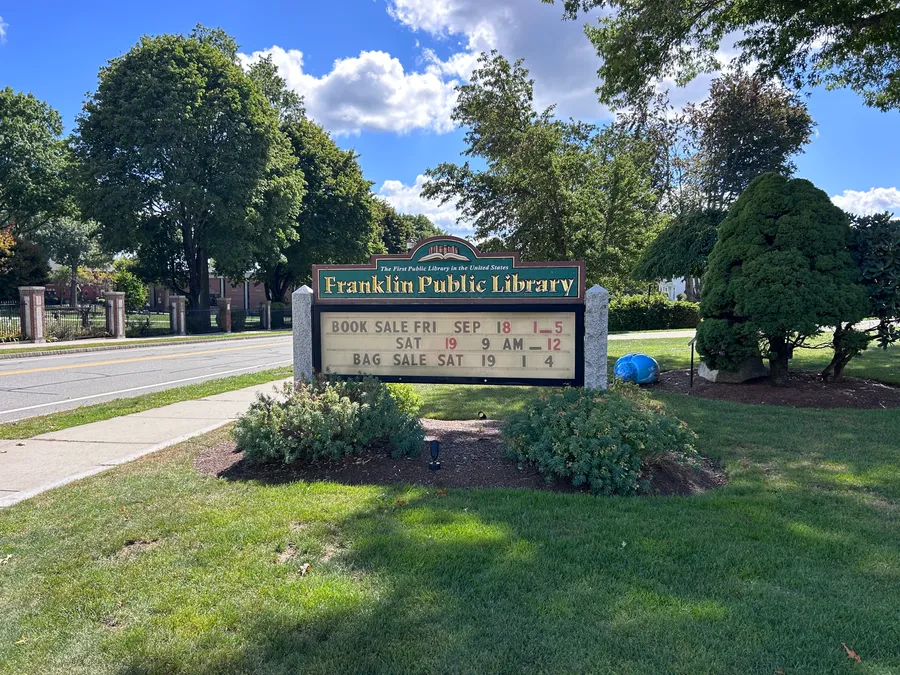 Franklin Public Library sign in Franklin, MA.