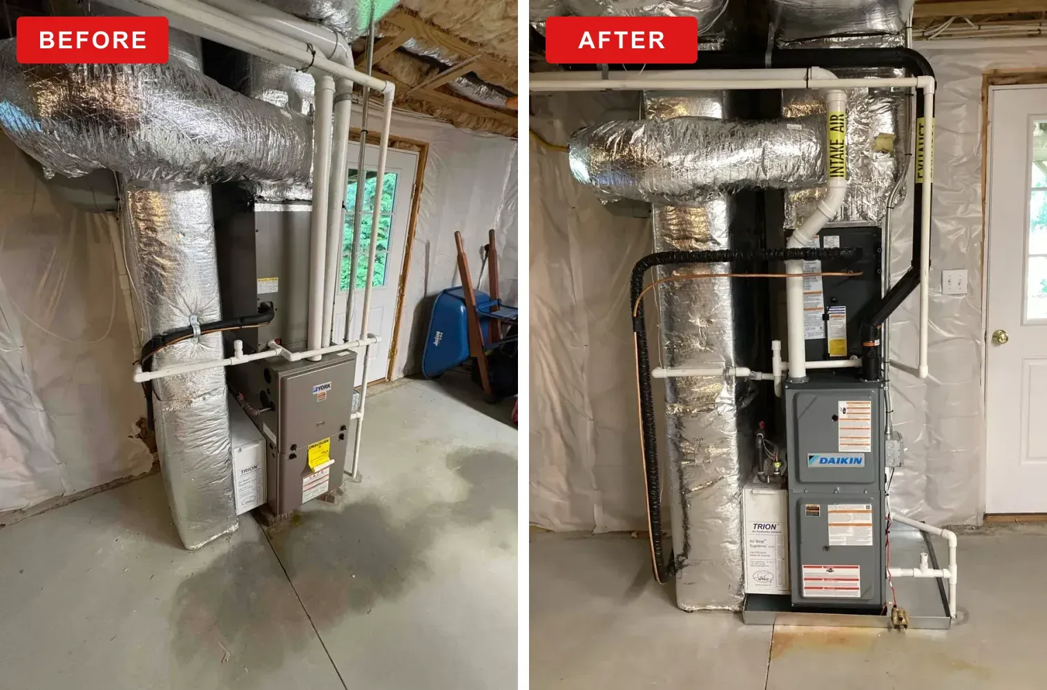 Before and after of a furnace replacement by G&C Plumbing and Heating
