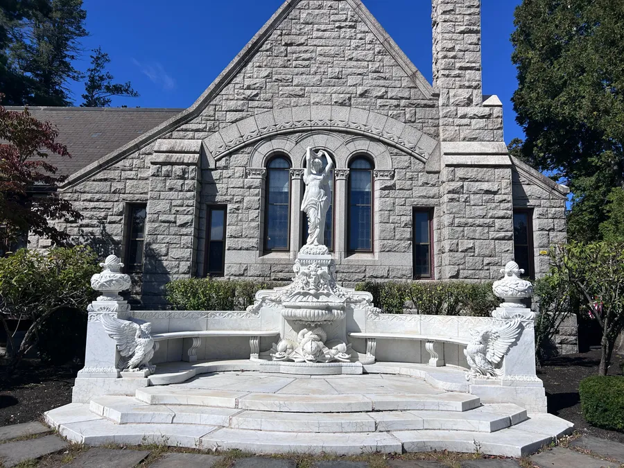 Marble fountain outside Bancroft Memorial Library in Hopedale, MA.