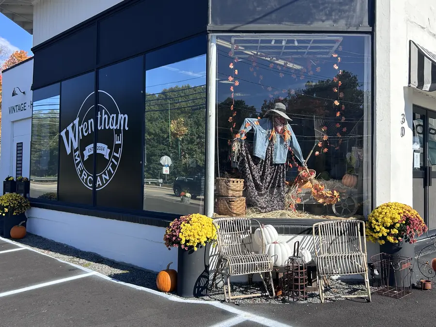 Fall window display at Wrentham Mercantile in Wrentham, MA.
