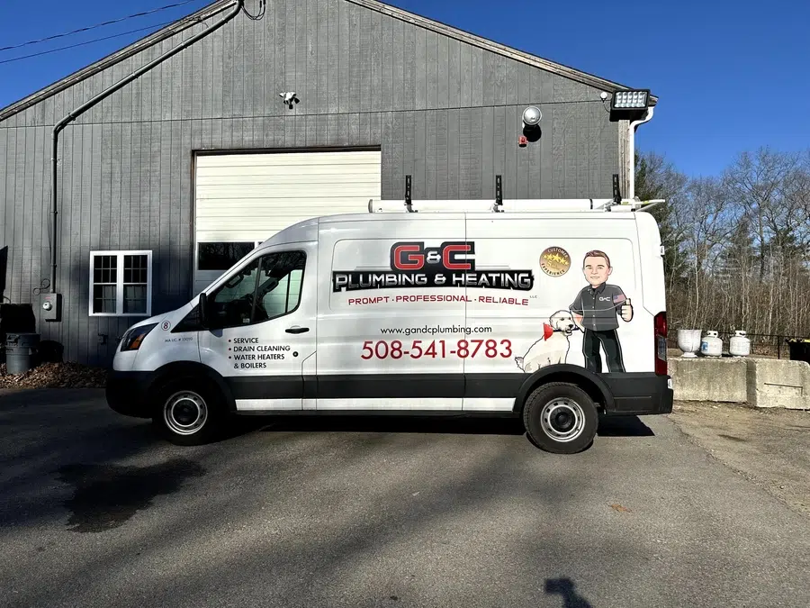G&C Plumbing and Heating truck parked outside in front of building in Franklin, MA.