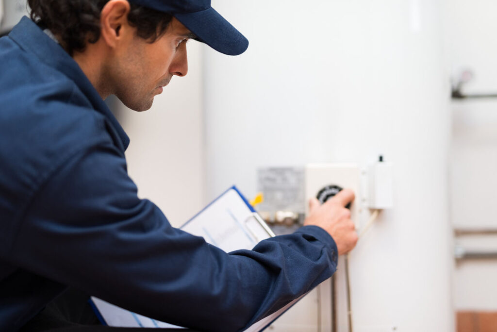 Technician working on water heater in Franklin, MA.