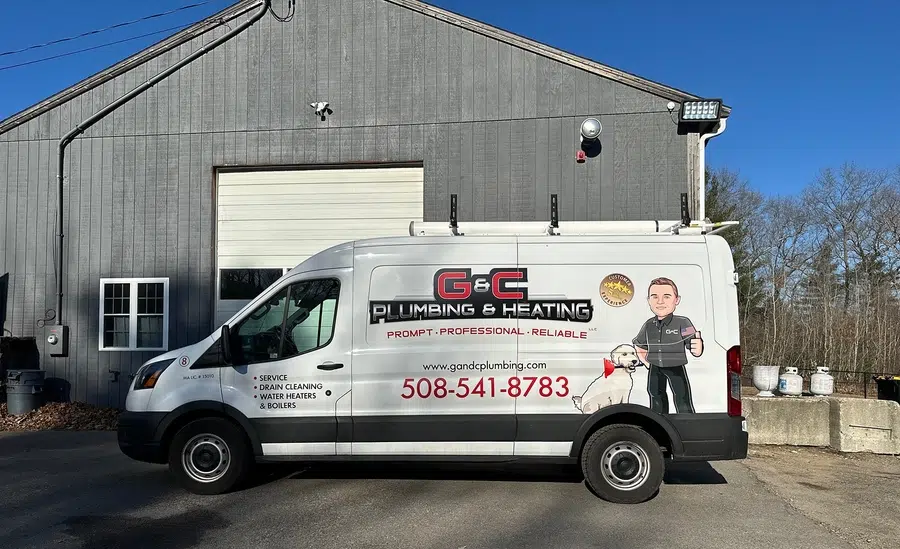 G&C Plumbing and Heating truck parked outside in Franklin, MA.
