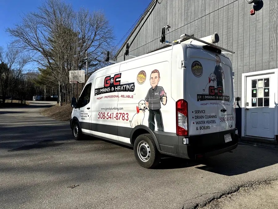 G&C Plumbing and Heating truck parked outside in Franklin, MA.