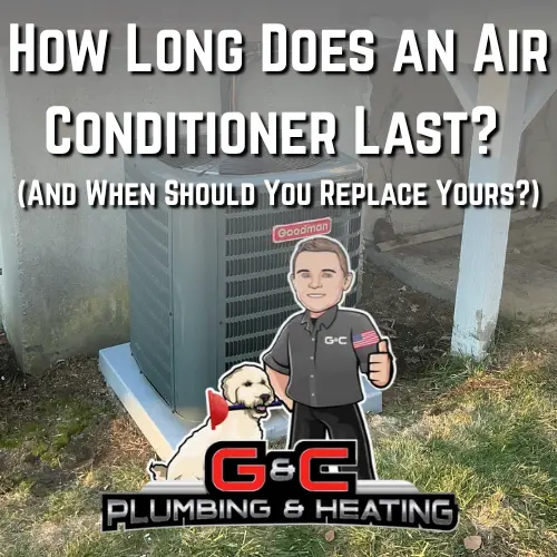 Goodman AC condenser unit and the G&C Plumbing & Heating mascot on a Massachusetts air conditioner lifespan guide