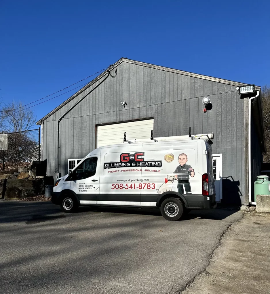 G&C Plumbing and Heating truck parked outside in front of building in Franklin, MA.