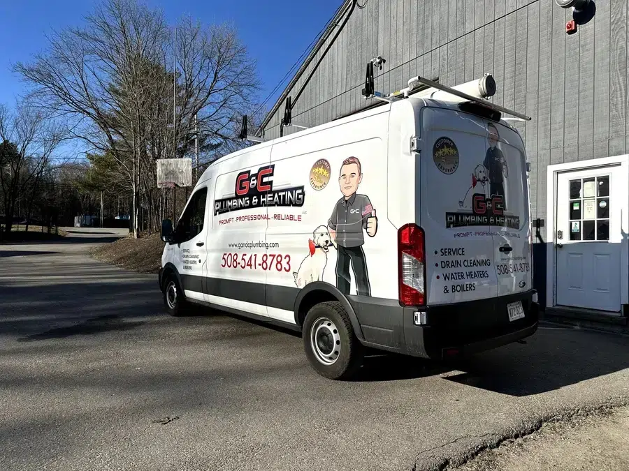 G&C Plumbing and Heating truck parked outside in front of building in Franklin, MA.